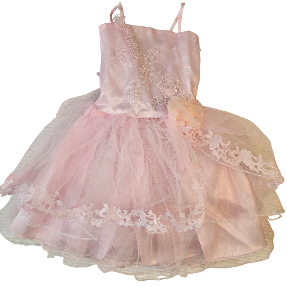 Posh Pink Tulle Lace Flower Girl Dress Sequin Floral Embroidery Small RN 116314